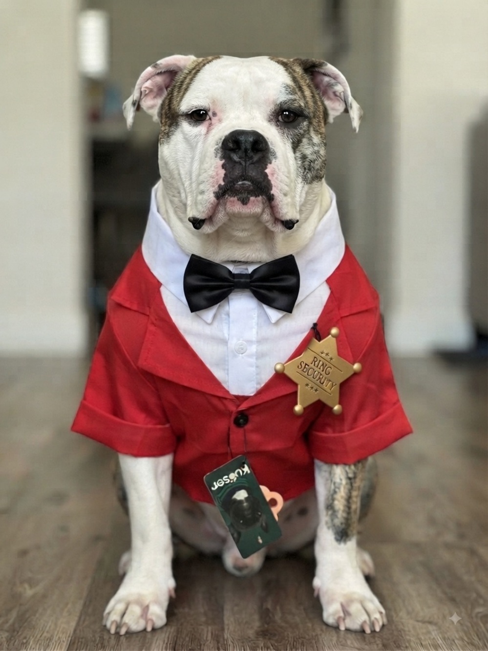 Kuoser Red Formal Dog Tuxedo Set with Black Bow Tie & "Ring Security" Badge